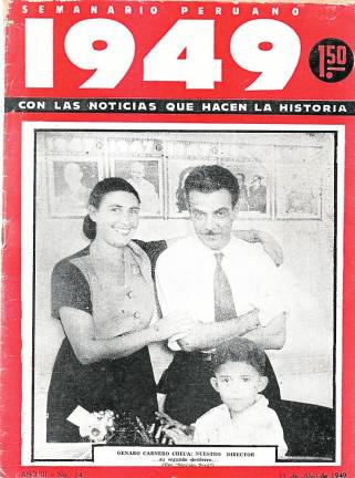 Portada del ‘Semanario Peruano’, amb Maria Roqué, Genaro Carnero-Checa i el fill Genaro Carnero Roqué.