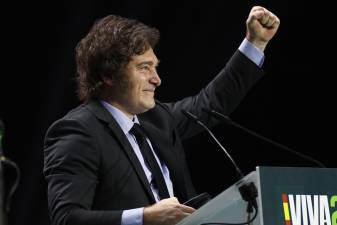 Javier Milei, presidente de Argentina , durante su intervención en la convención política de Vox «Europa Viva 24» que se celebra este domingo en el Palacio de Vistalegre, en Madrid este domingo. Foto: EFE