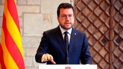 El president de la Generalitat en funcions, Pere Aragonès, en la compareixença a la galeria Gòtica de Palau. Foto: ACN