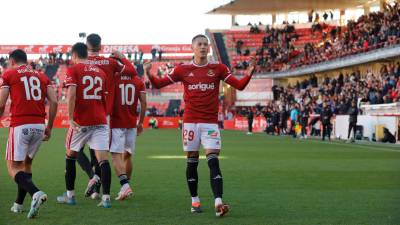 Godoy celebra uno de los seis goles que marcó con la camiseta del Nàstic la pasada temporada. Foto: Pere Ferré