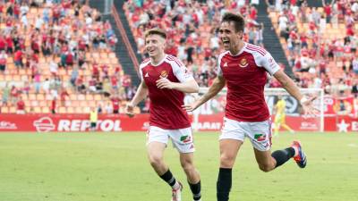 Ander Gorostidi celebra un gol en el Nou Estadi Costa Daurada. Foto: Nàstic