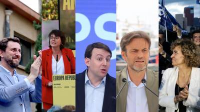 Algunos candidatos por Catalunya para el 9-J: Toni Comín (Junts), Diana Riba (ERC), Javi López (PSC), Jaume Asens (Comuns) y Dolors Montserrat (PP). FOTO: ACN