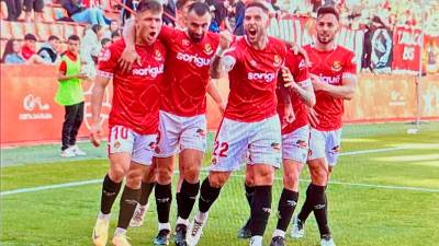 Los futbolistas del Nàstic celebran uno de los dos goles que anotaron en el primer tiempo. Foto: Alfredo González