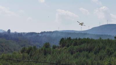 Una avioneta sobrevolando el incendio. Foto: Àngel Juanpere