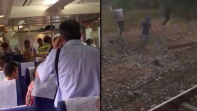 Jóvenes encarándose con los vigilantes (izquierda) y apedreando el tren (derecha) el pasado julio. Foto: DT