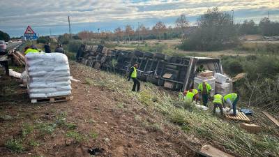 El camión volcado y operarios trabajando para recoger la carga. Foto: DT