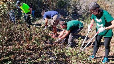 Diferents voluntaris treballant en un dels camins que estan arranjant aquests dies. foto: cedida