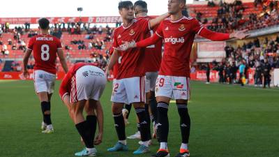 Alan Godoy celebra uno de sus siete goles conseguidos con la camiseta del Nàstic de Tarragona. foto: Pere Ferré