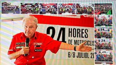 La sala del ‘briefing’ previo contó con este plafón, obra de Miquel Rovira, con una gran fotografia de Josep Folch junto a las 11 imágenes de sus victorias en las 24 Hores. Fotomontaje: MIQUEL ROVIRA