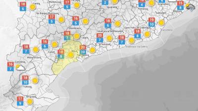 La predicció meteorològica d'aquest dilluns a les comarques de Tarragona. FONT: Meteo.cat