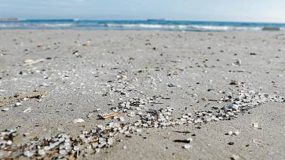 Las bolitas de plástico estaban presentes todavía este viernes, 8 de febrero, a lo largo de toda la playa de La Pineda. FOTO: Alba Mariné