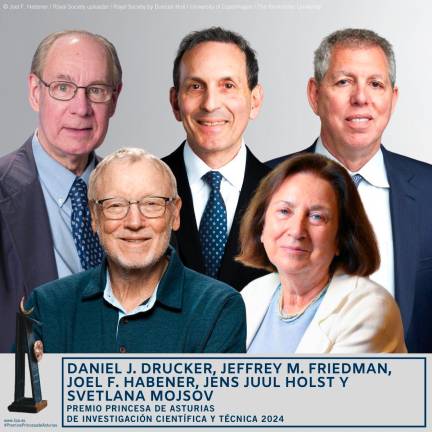 Daniel J. Drucker, Jeffrey M. Friedman, Joel F. Habener, Jens Juul Holst y Svetlana Mojsov, reconocidos con el Premio Princesa de Asturias de Investigación Científica y Técnica 2024. Foto: EFE