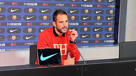 El entrenador del Nàstic, Dani Vidal, en la sala de prensa del Johan. Foto: Vicente M. Izquierdo