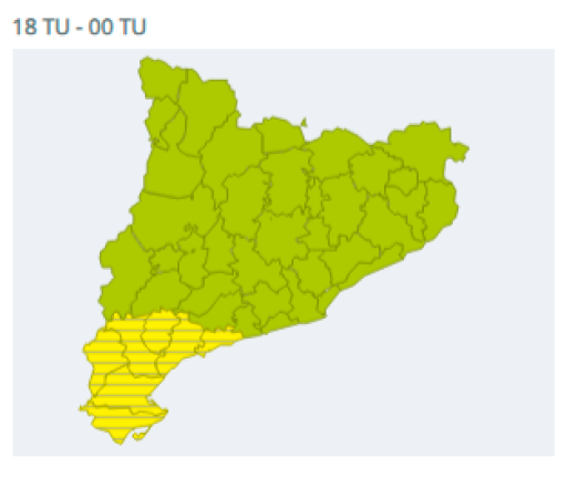 $!Alerta amarilla de este lunes por la tarde. Font: Meteocat