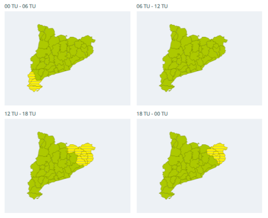 $!Alerta amarilla durante toda la jornada de martes. Font: Meteocat