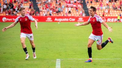 Ander Gorostidi celebra el tanto conseguido frente al Sestao. Foto: Marc Bosch