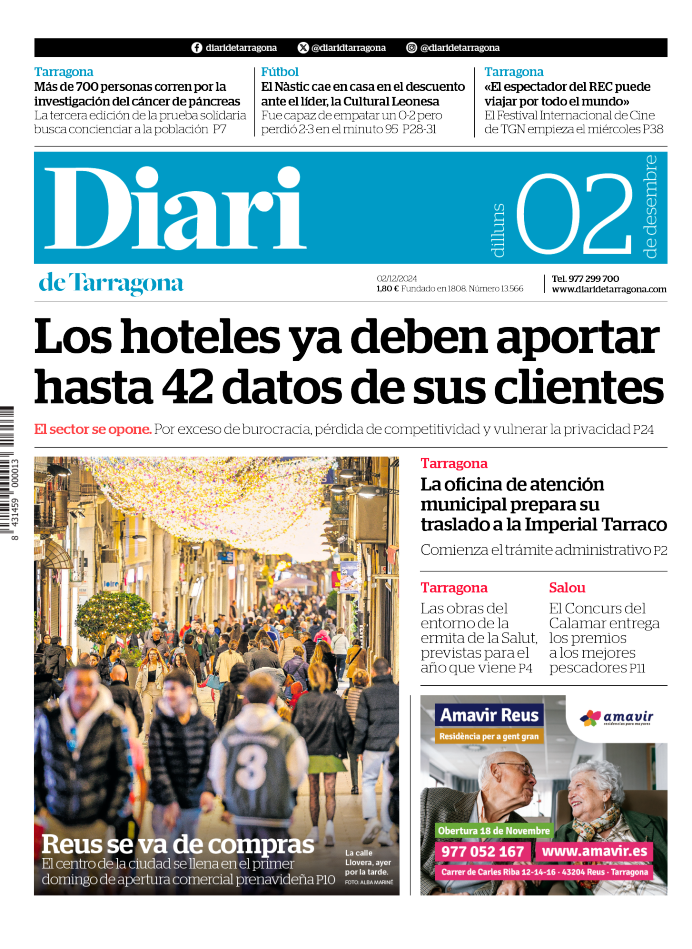 Portada del Diari del lunes 2 de diciembre de 2024