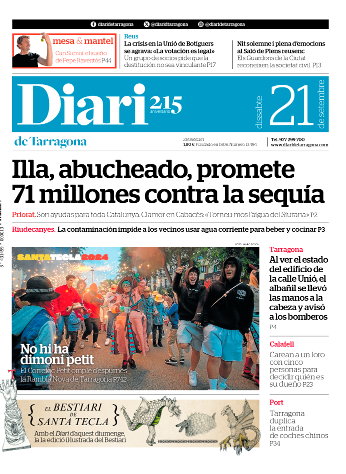 Portada del Diari del sábado 21 de septiembre de 2024