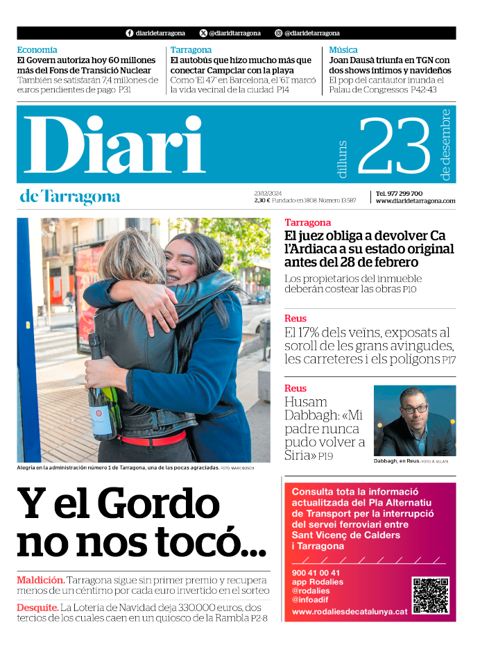 Portada del Diari del lunes 23 de diciembre de 2024