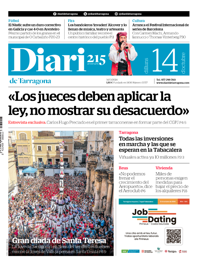 Portada del Diari del lunes 14 de octubre de 2024