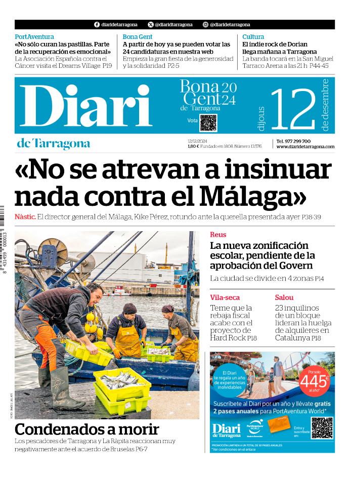 Portada del Diari de Tarragona del jueves 12 de diciembre del 2024