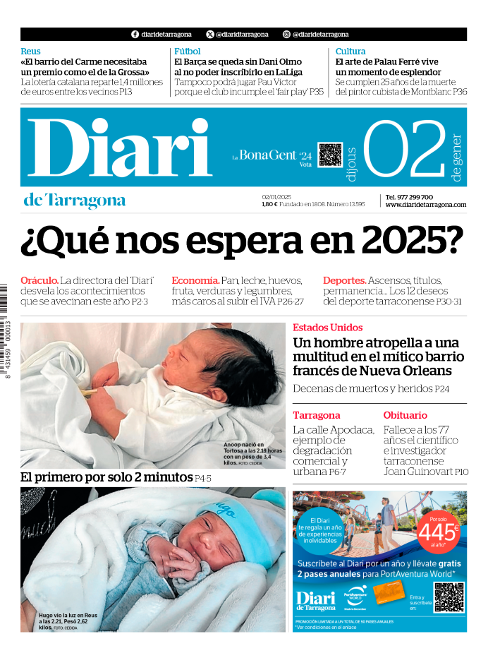 Portada del Diari del jueves 2 de enero de 2025