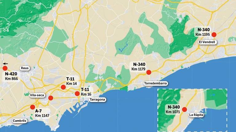 Los tramos de concentración de incidentes ubicados en Tarragona. Fuente: Ministerio de Transportes, Movilidad y Agenda Urbana