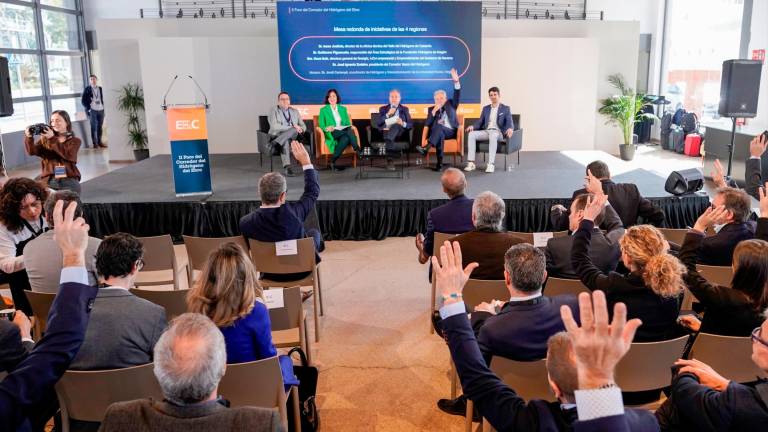 Participantes en el foro que trabajan en proyectos de hidrógeno levantan la mano. Foto: Marc Bosch