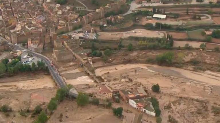 Vista aèria del pont Vell de Montblanc i el seu entorn després de les riuades del mes d’octubre de 2019. Foto: Cedida