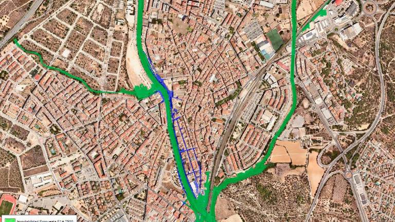 $!En azul las zonas de inundabilidad actual y en verde las de riesgo en el periodo de retorno de 500 años.