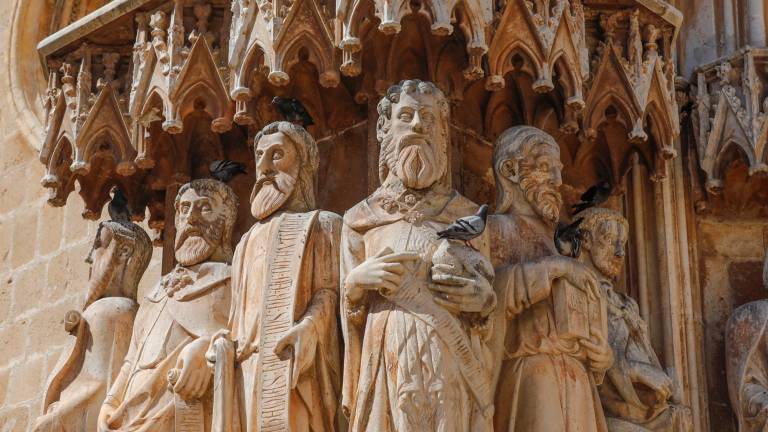 Las palomas se instalan en la cabeza de las figuras de la fachada de la Catedral. Foto: Pere Ferré