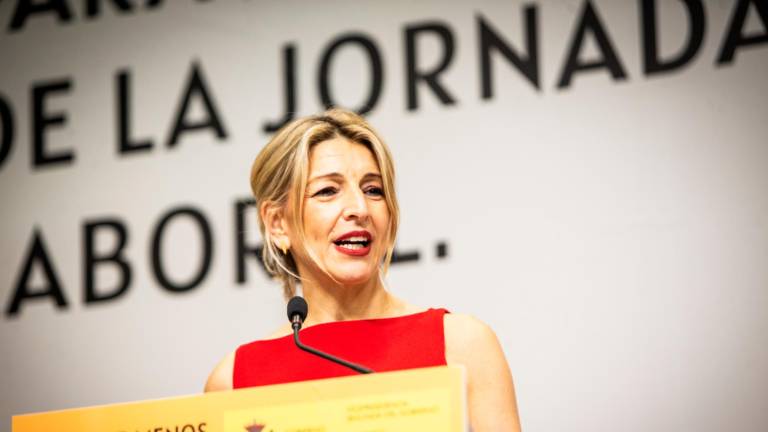 La vicepresidenta Yolanda Díaz, en el acto de presentación del acuerdo para la reducción de la jornada laboral. Foto: ACN