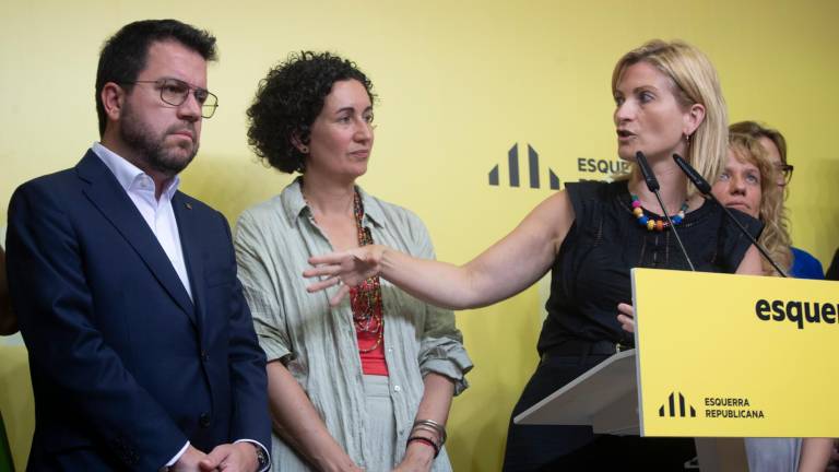 La portavoz de ERC, Raquel Sans, el lunes con Marta Rovira y Pere Aragonès. Foto: EFE