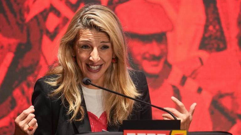 La vicepresidenta del Gobierno, Yolanda Díaz, este martes durante su intervención en la celebración del 60 aniversario de CCOO en Barcelona. Foto: EFE