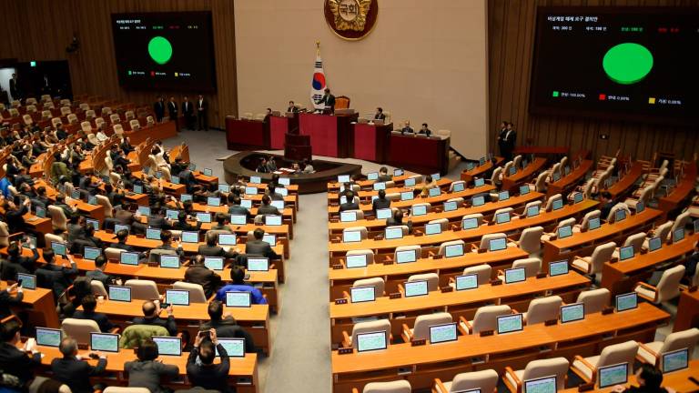 Legisladores oficialistas y de la oposición votan unánimemente a favor de una resolución que insta al presidente a retirar la ley marcial durante una sesión plenaria de emergencia en la Asamblea Nacional en Seúl, Corea del Sur, en la madrugada del 04 de diciembre de 2024. Foto: EFE