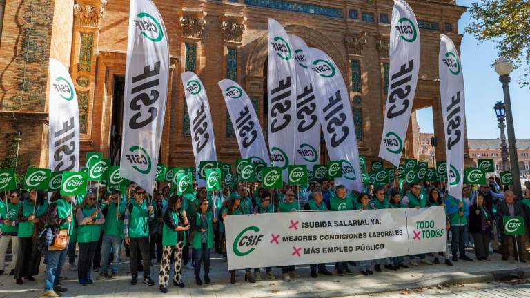 Funcionarios convocados por CSIF durante la concentración realizada el lunes 11 de noviembre ante la Subdelegación del Gobierno en la Plaza de España de Sevilla para exigir al Ejecutivo la reactivación de la negociación en la Función Pública y la continuidad en Muface. Foto: EFE