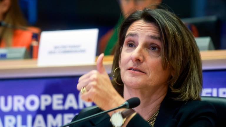 European Commission's Executive Vice-President-designate for Clean, Just and Competitive Transition, Teresa Ribera gestures as she attends her confirmation hearing before the European Parliament committees in Brussels, Belgium, 12 November 2024. Foto: EFE