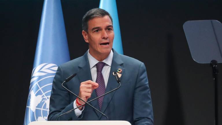 El presidente Pedro Sánchez, durante su discurso en la cumbre del clima COP29 de Bakú, Azerbayán. FOTO: EFE