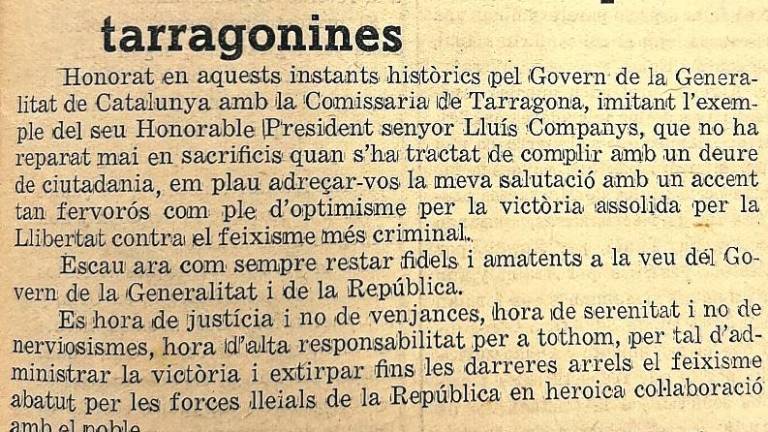 $!Missatge del comissari Lluís Mestres als tarragonins, en prendre possessió del càrrec, aparegut al Diari de Tarragona