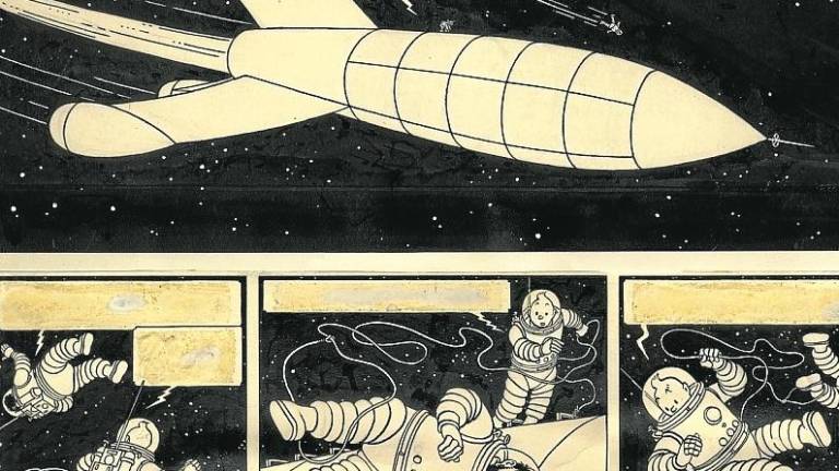 $!Detalle del cómic ‘On a marché sur la Lune’, el decimoséptimo de ‘Las aventuras de Tintín’, de Hergé George Rémi. foto: © Fundació ”la Caixa”