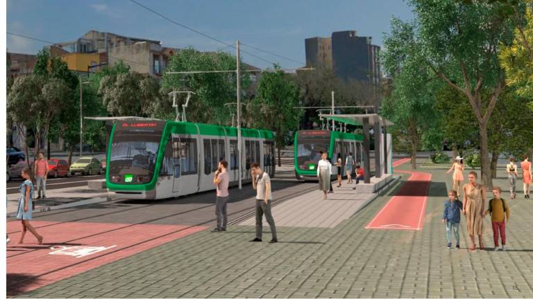 Imagen simulada del futuro tranvía del Camp de Tarragona, a su paso por la Passeig de Mata de Reus. foto: dt