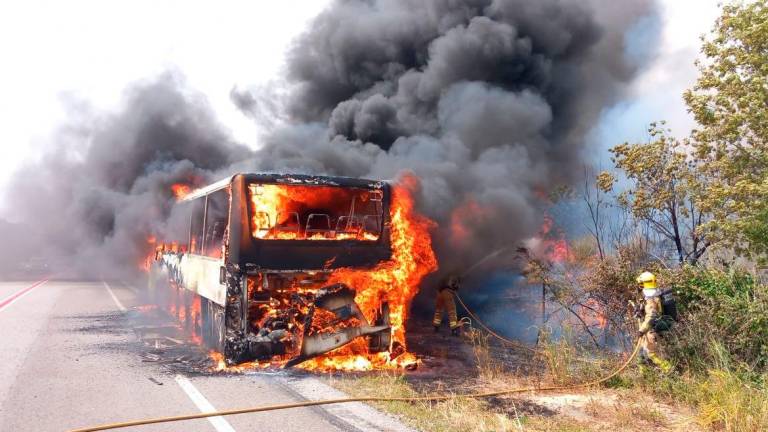 El autobús incendiado en la N-240. Foto: Bombers