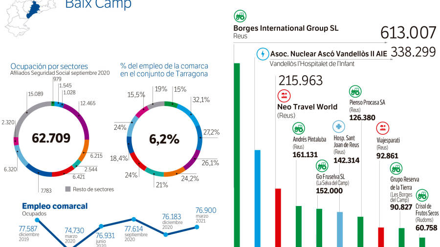 La industria agroalimentaria sigue siendo el sector económico más importante con seis de las diez empresas con mayor volumen de negocio. Destaca en segundo lugar, la Asociación Nuclear Vandellòs II y en tercero y octavo, dos operadores turísticos (Neo Travel World) y Viajesparati.&nbsp;